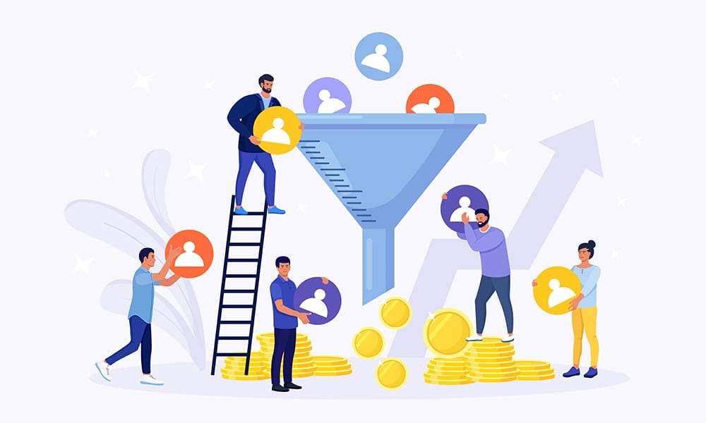 A funnel with people standing on top of it, depicting the customer conversion rate.
