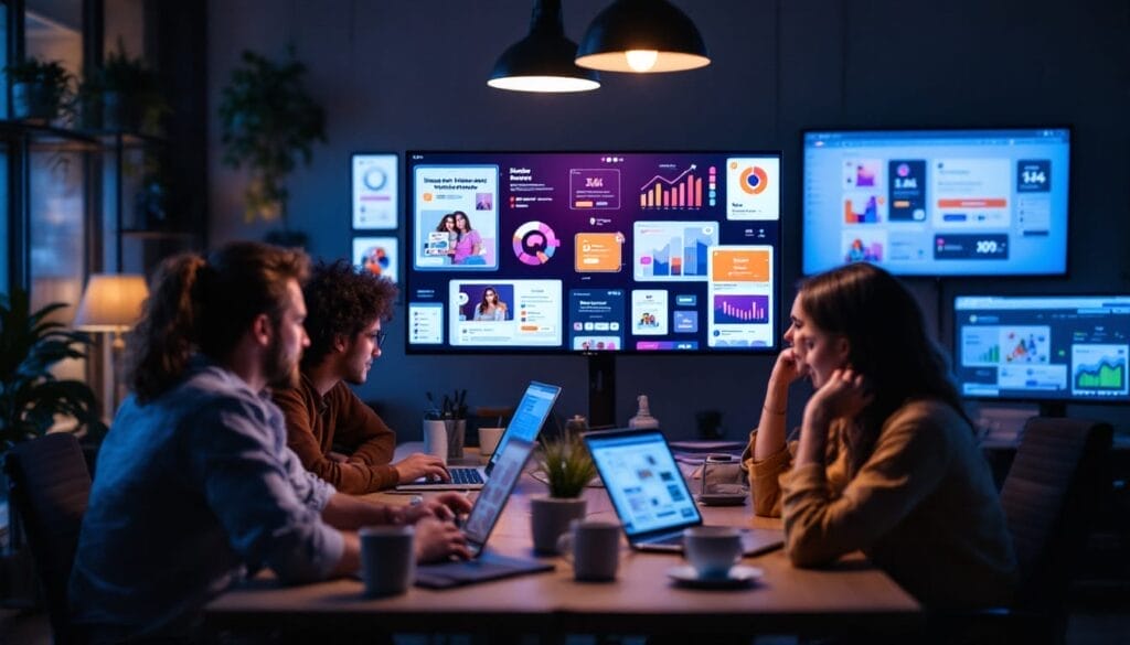 Four people work on laptops around a table in an office, while large screens display graphs and data visualizations—analyzing strategies for an influencer marketing agency.