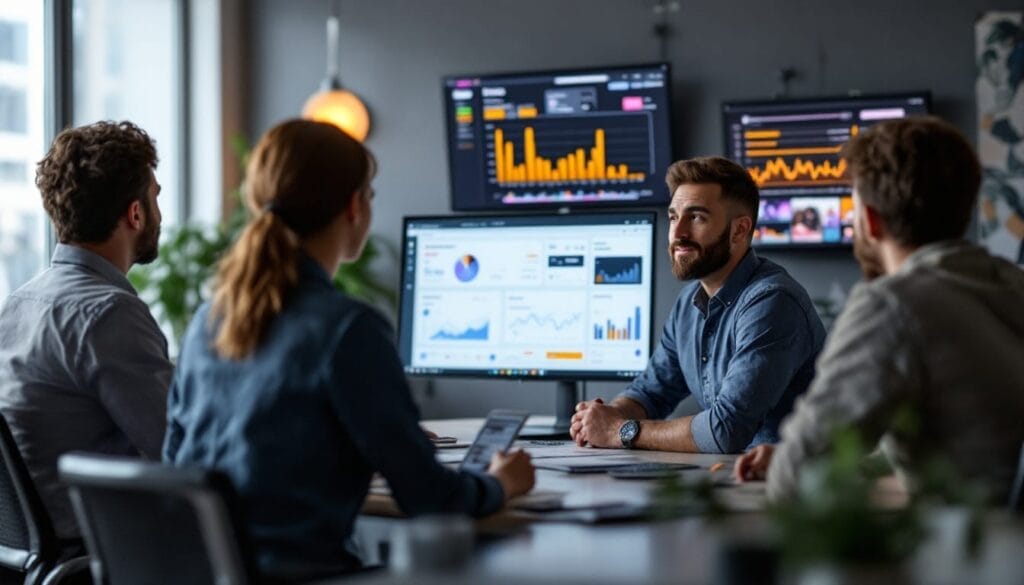 Four people in a meeting room discuss data displayed on monitors, showcasing charts, graphs, and analytics dashboards from an influencer marketing agency.