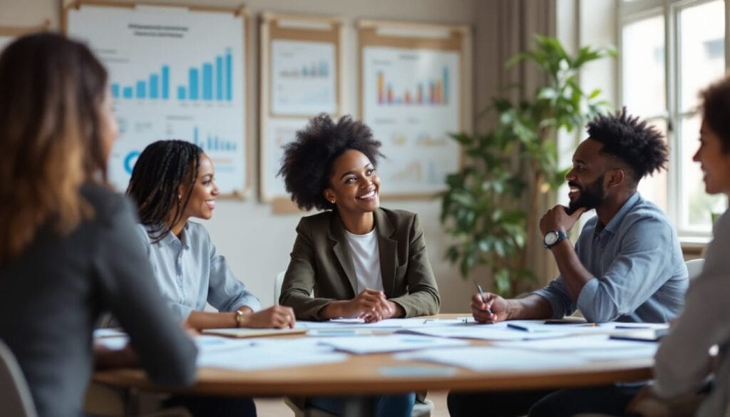 Five people sit around a table in an influencer marketing agency office, discussing documents, with charts and graphs on the wall in the background.