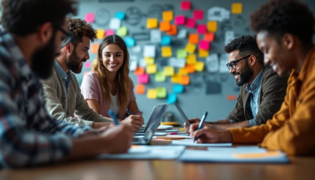 A group of young adults sit around a table with laptops and notebooks, collaborating on their next million-dollar business in a modern workspace with colorful sticky notes on the wall.