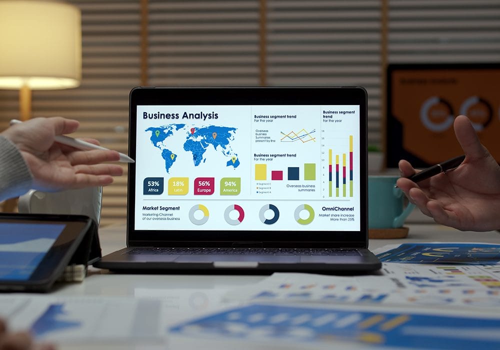 A group of people using Account-Based Marketing (ABM) strategies, analyzing business graphs on a laptop.