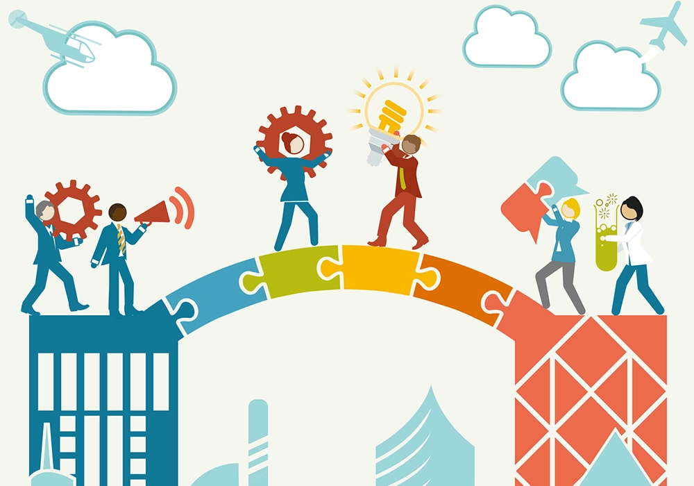 A group of business people standing on top of a bridge, showcasing social proof.