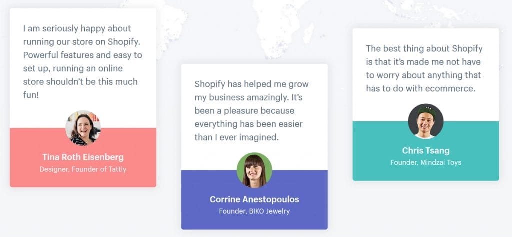 A set of business cards featuring customer testimonials.