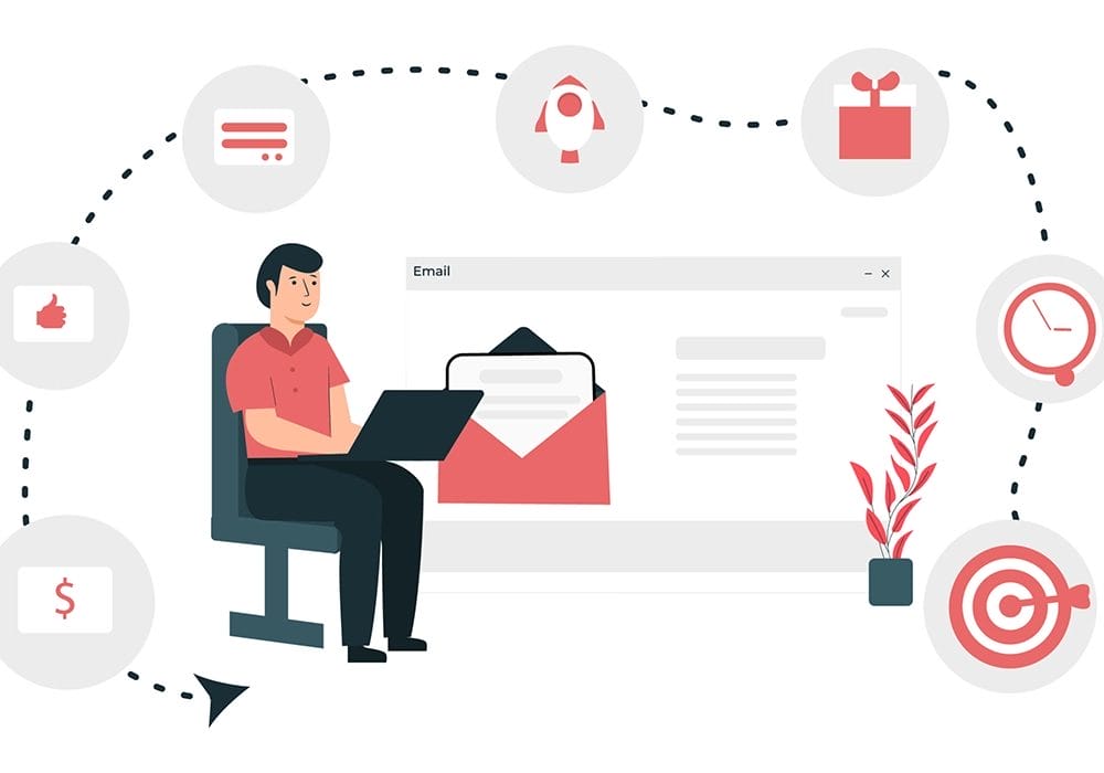 A man sitting in front of a computer with marketing email tips icons around him.