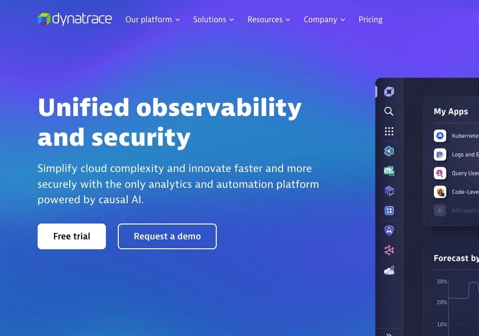 A web page highlighting unlimited opportunities and security, featuring Application Performance Monitoring.