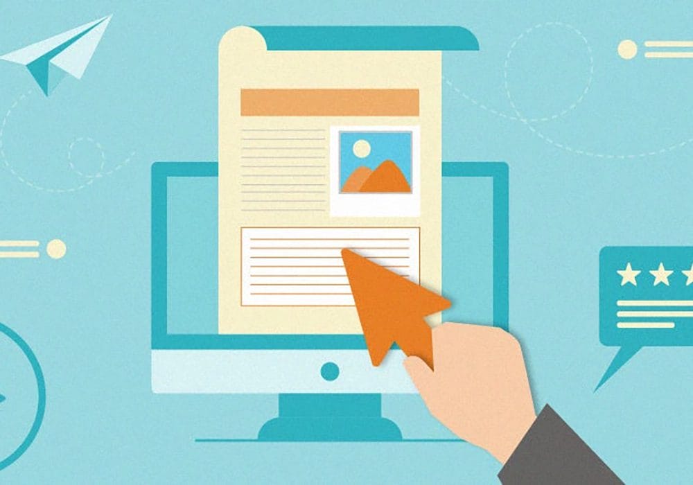 A hand is pointing to a document on a computer screen, displaying marketing email tips.