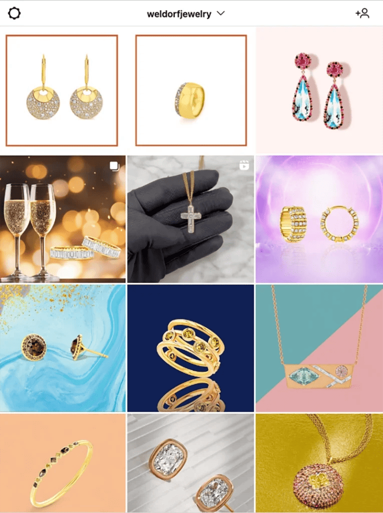 A collection of jewelry items including earrings, rings, and necklaces, displayed in various artistic arrangements on an Instagram profile page, aiming to enhance the typical conversion rate.