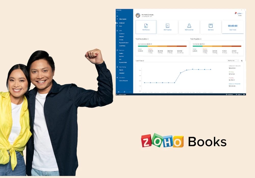 Two people posing in front of a computer screen displaying the SaaS accounting software.