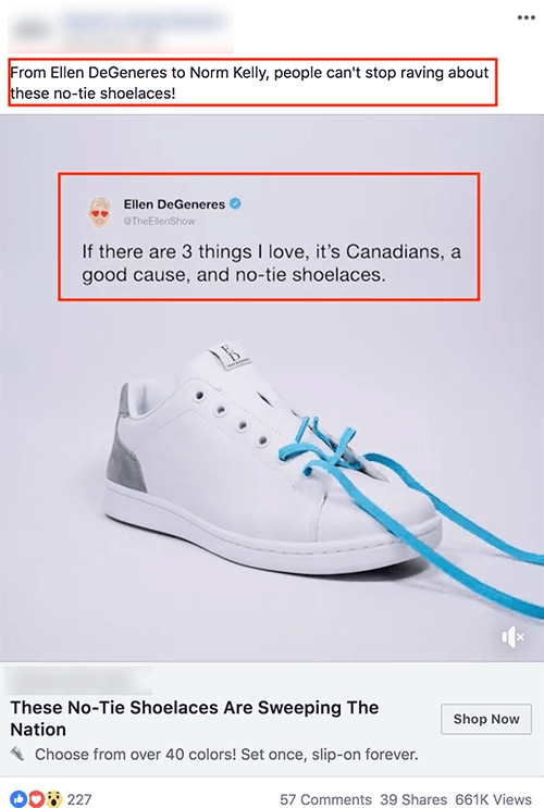 A screenshot of a Facebook ad featuring a white sneaker with no-tie shoelaces, accompanied by positive comments and social proof, including engagement statistics.