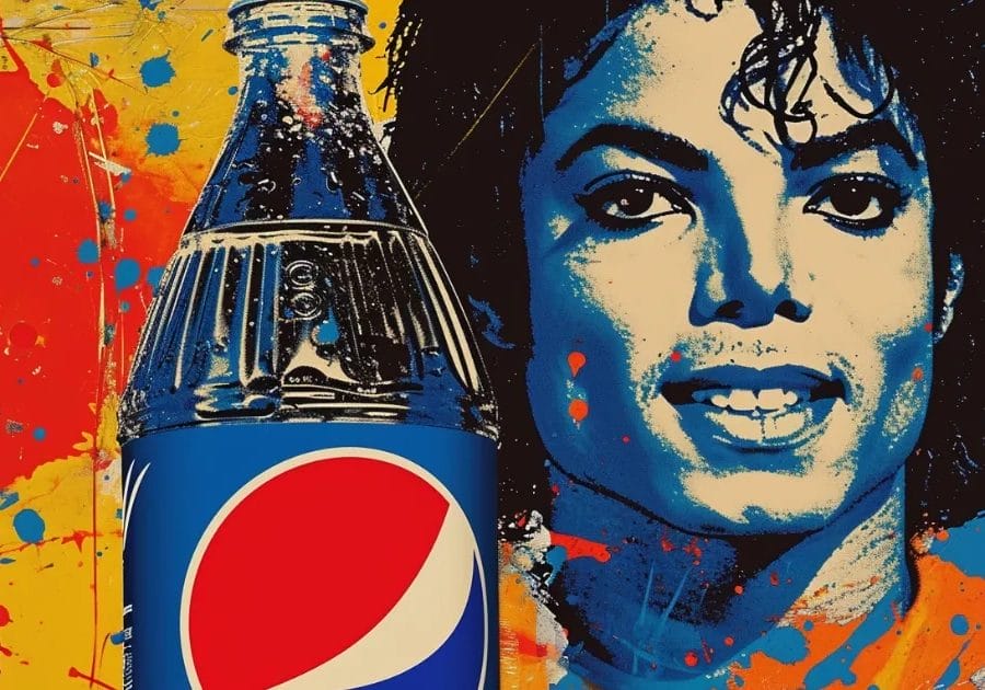 Pop art style image featuring a Pepsi celebrity endorsement bottle on the left and a colorful portrait of Michael Jackson on the right, set against a splattered, vibrant background.