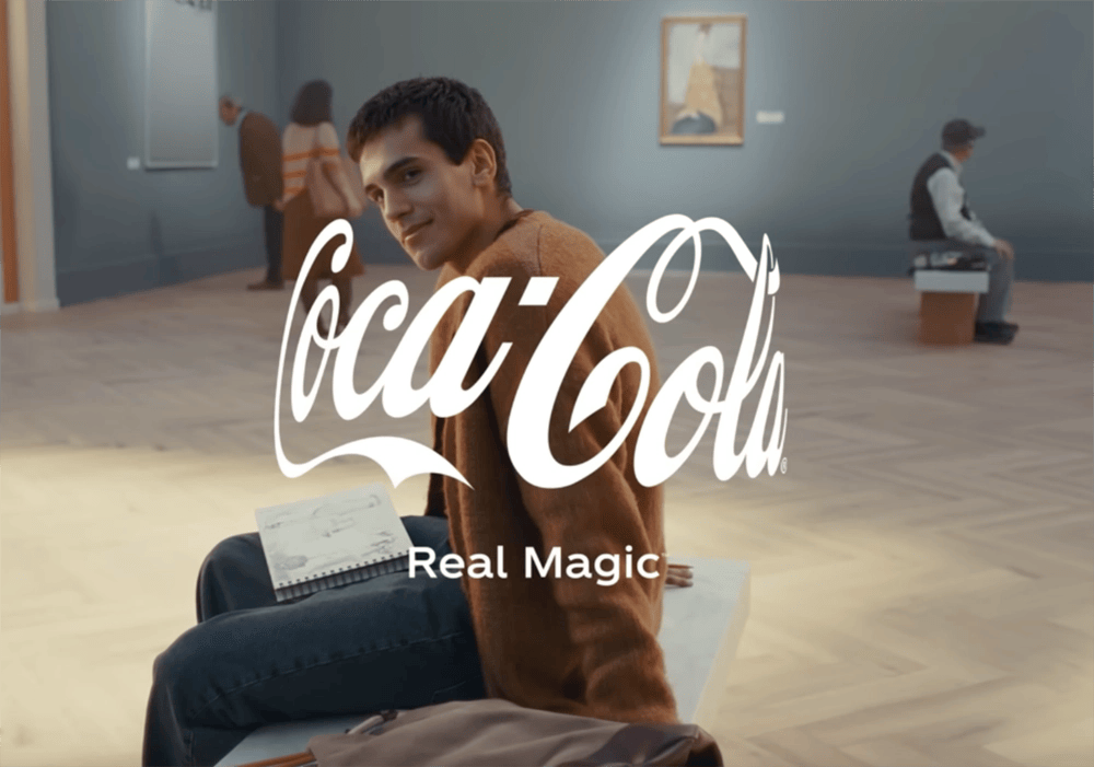 A young man sitting on a museum floor, sketching, while a Coca-Cola Campaigns logo with the slogan "real magic" overlays the image.