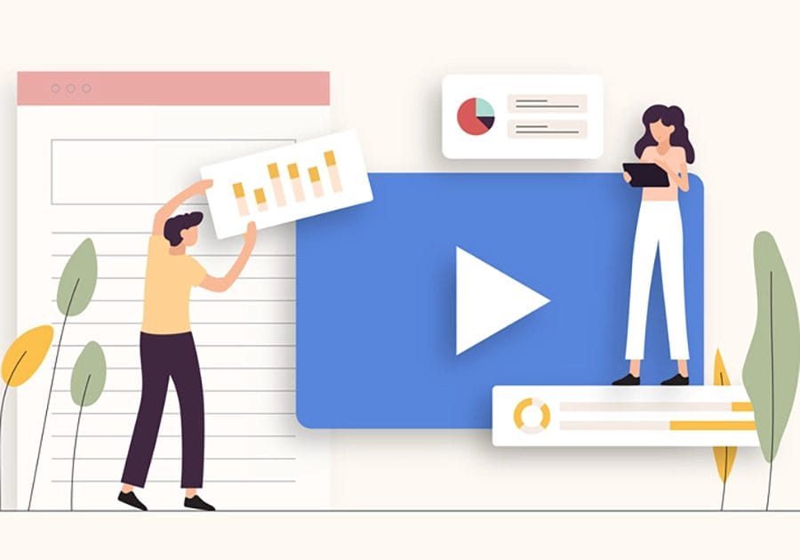 Two people interacting with oversized digital marketing elements, including analytics, video content, and the best social proof.