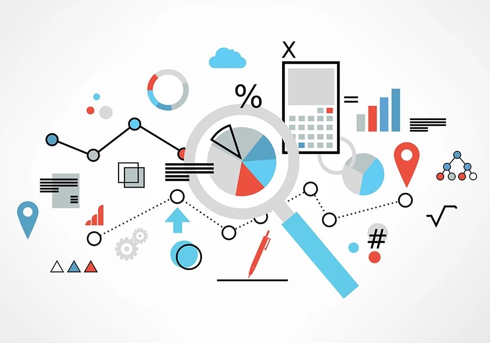 A magnifying glass with privacy policy icons and graphs around it.