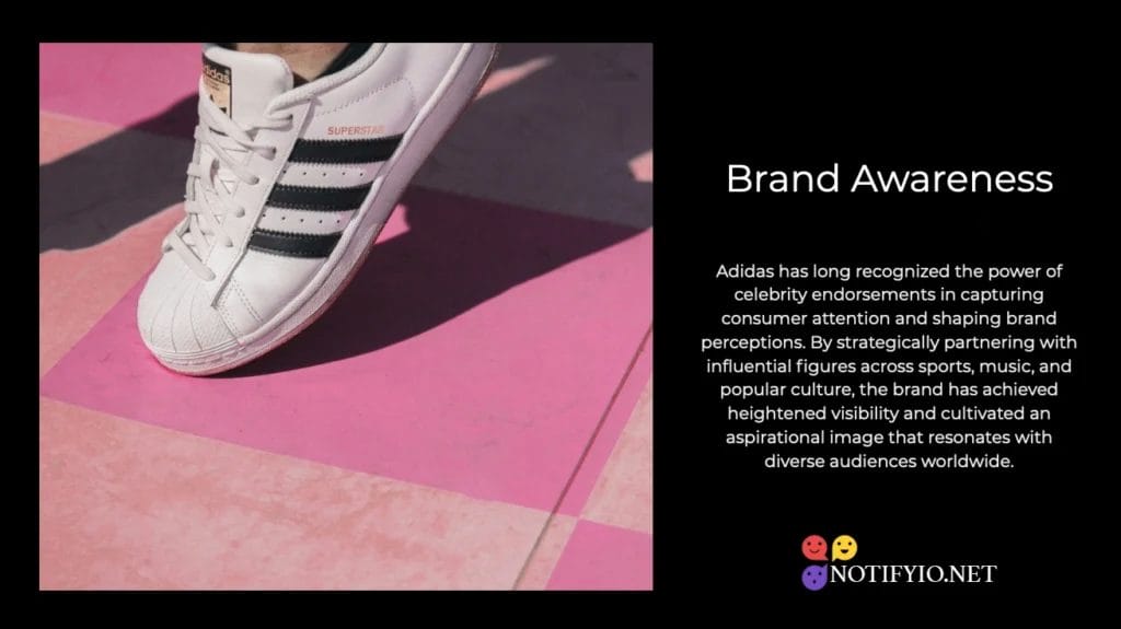 A white adidas sneaker on a pink and purple checkered floor, illustrating a discussion on brand awareness in consumer attention and the impact of celebrity endorsement partnerships.