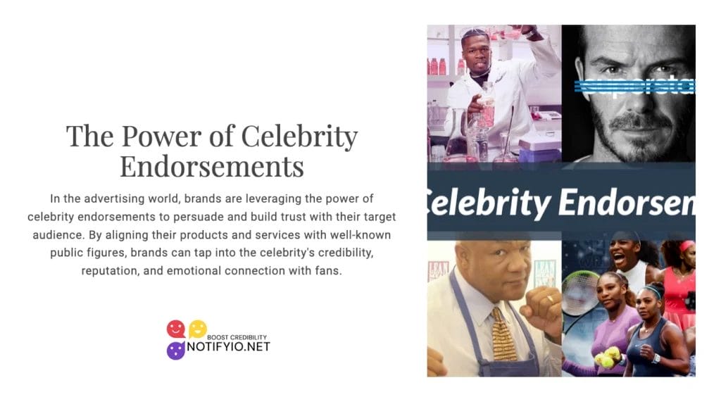 Three different people in lab coats promote a brand. Text reads: "The Power of Celebrity Endorsements: Is Celebrity Endorsement Ethos?" Branding indicates the image is from Notifyjo.net.