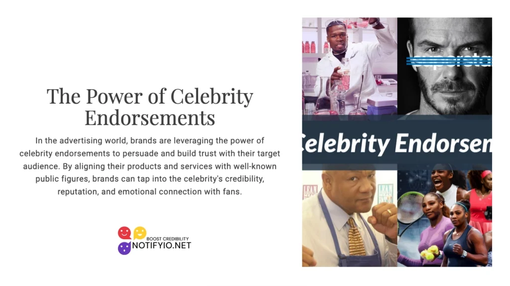Three different people in lab coats promote a brand. Text reads: "The Power of Celebrity Endorsements: Is Celebrity Endorsement Ethos?" Branding indicates the image is from Notifyjo.net.