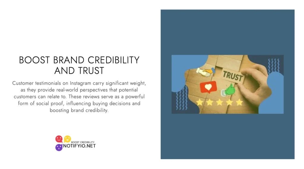 A puzzle piece labeled "TRUST" is being placed into a puzzle with social media icons. Text reads: "Boost brand credibility and trust. Customer reviews on Instagram provide real-world perspectives.