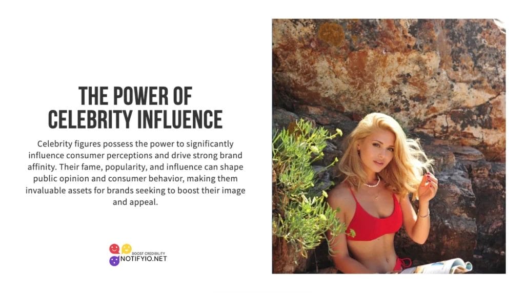 A woman in a red bikini poses in an outdoor setting beside rocks, accompanied by text discussing the power of Budweiser celebrity endorsements on brand perception and consumer behavior.