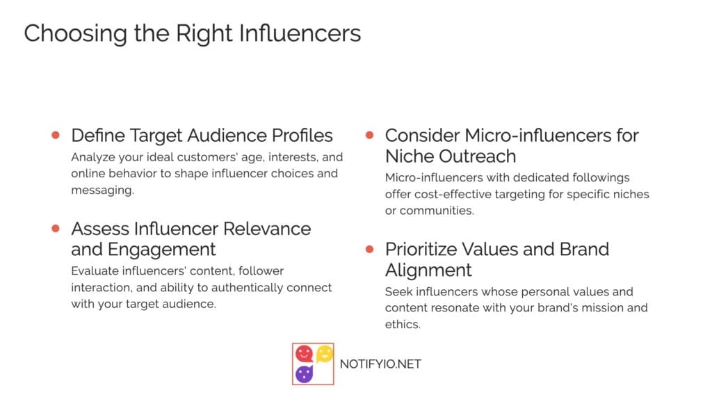 A slide titled "Choosing the Right Influencers" lists steps: define target audience profiles, assess influencer relevance and engagement, consider micro-influencers for niche outreach, and prioritize values and brand alignment for effective influencer marketing for startups.