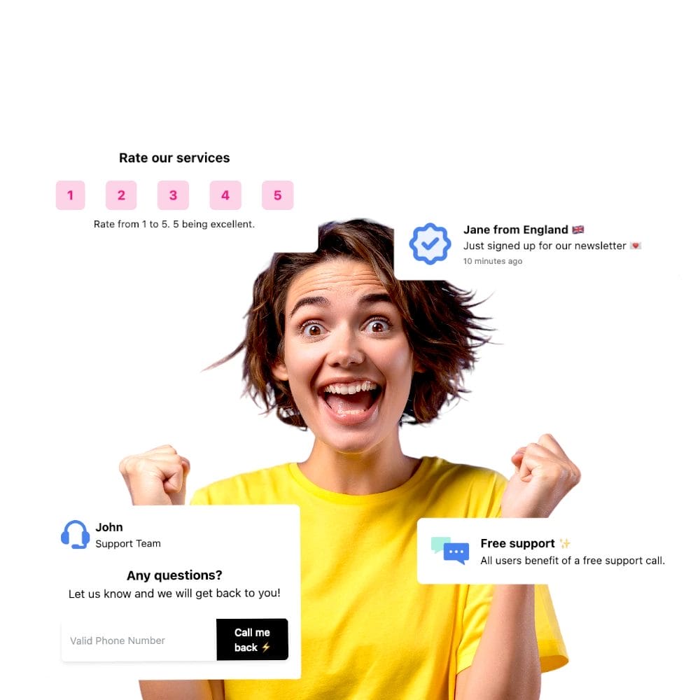 A woman in a yellow shirt smiles broadly with fists raised. Surrounding her are digital notification overlays about rating services, newsletter sign-up, support inquiries, and free support calls.