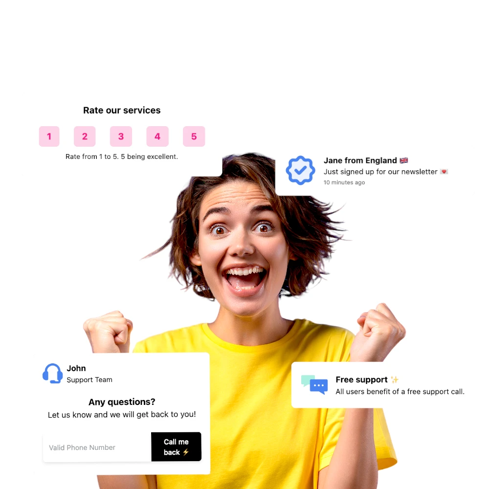 A woman in a yellow shirt smiles broadly with fists raised. Surrounding her are digital notification overlays about rating services, newsletter sign-up, support inquiries, and free support calls.