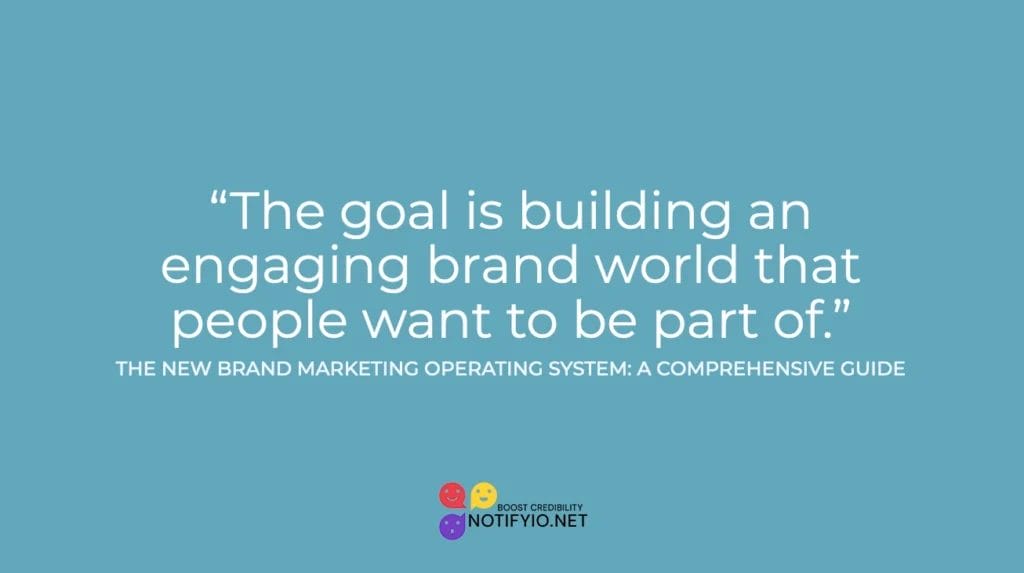 Promotional graphic with text stating "The goal is building an engaging brand marketing world that people want to be part of” from "The New Brand Marketing Operating System: A Comprehensive Guide" by NotifySys.org.