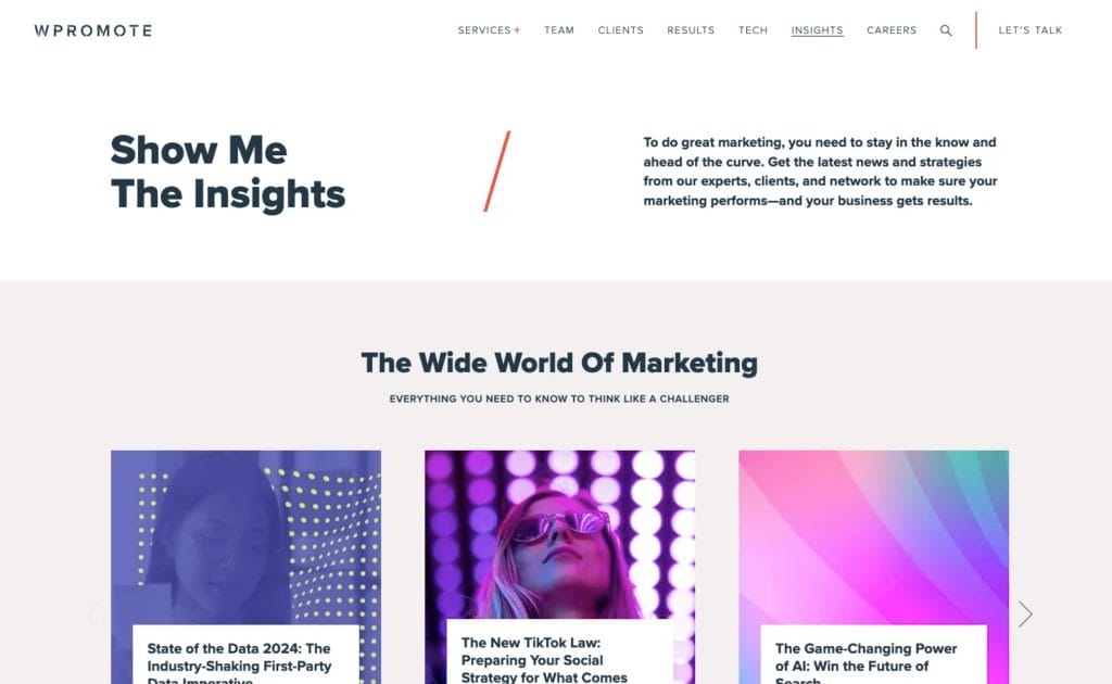 Website homepage for a B2B marketing agency featuring sections titled "show me the insights," "state of data 2022," "the new TikTok law," and "the game-changing power of