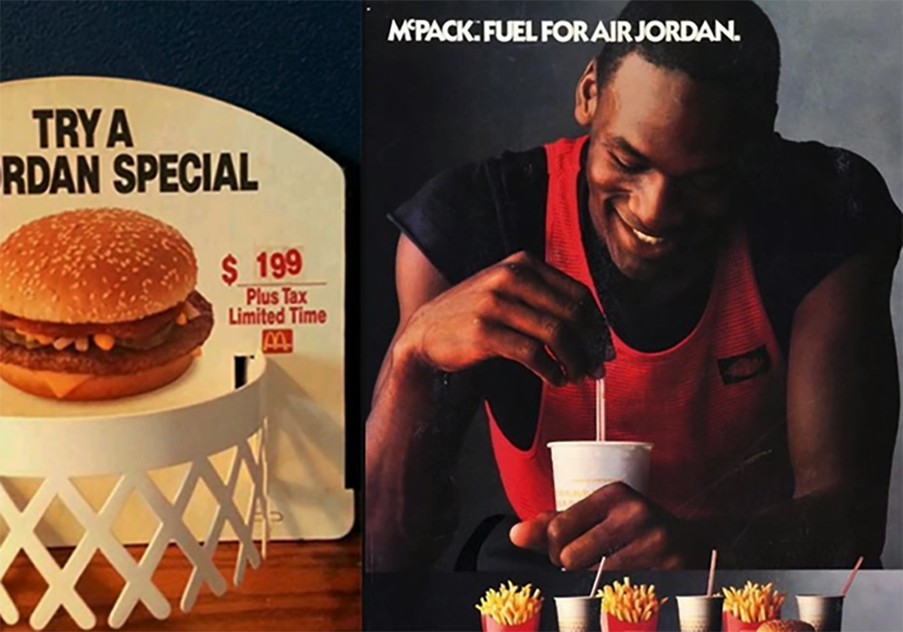 A promotional display featuring a burger with the text "Try a Jordan Special $1.99 Plus Tax Limited Time" and an image of a basketball player enjoying a meal, captioned "MPack: Fuel for Air Jordan," highlighting the power of celebrity food endorsements.