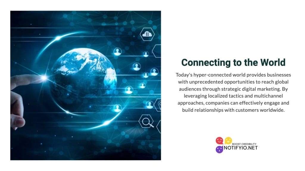 A hand touches a digital representation of Earth surrounded by icons of interconnected people and technology, illustrating global digital connectivity. Accompanying text discusses international digital marketing and engagement.