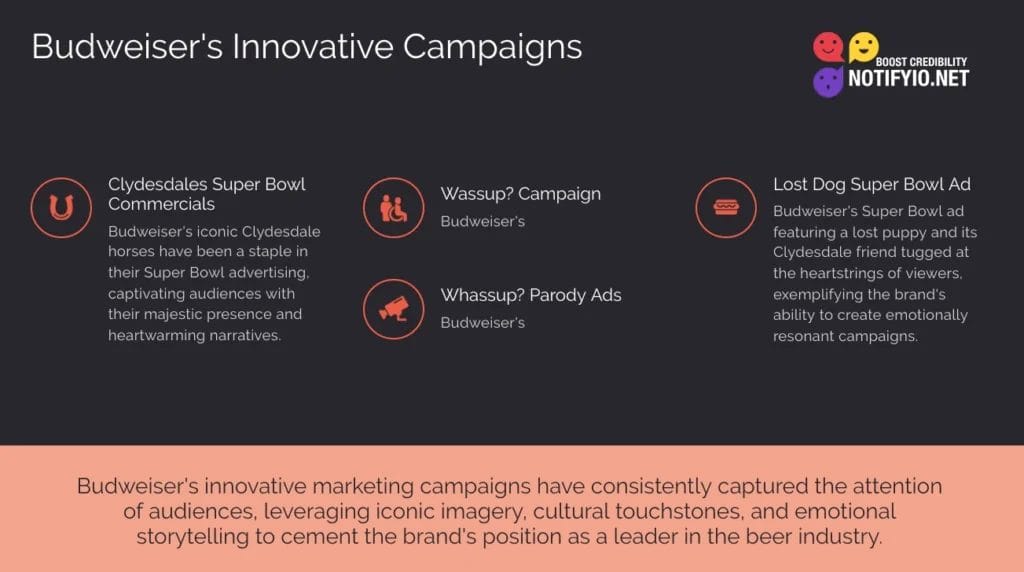 A description of Budweiser's innovative campaigns, including Clydesdales Super Bowl ads, Wassup? campaigns, and Lost Dog Super Bowl ad, highlighting their impact on digital marketing and brand positioning.