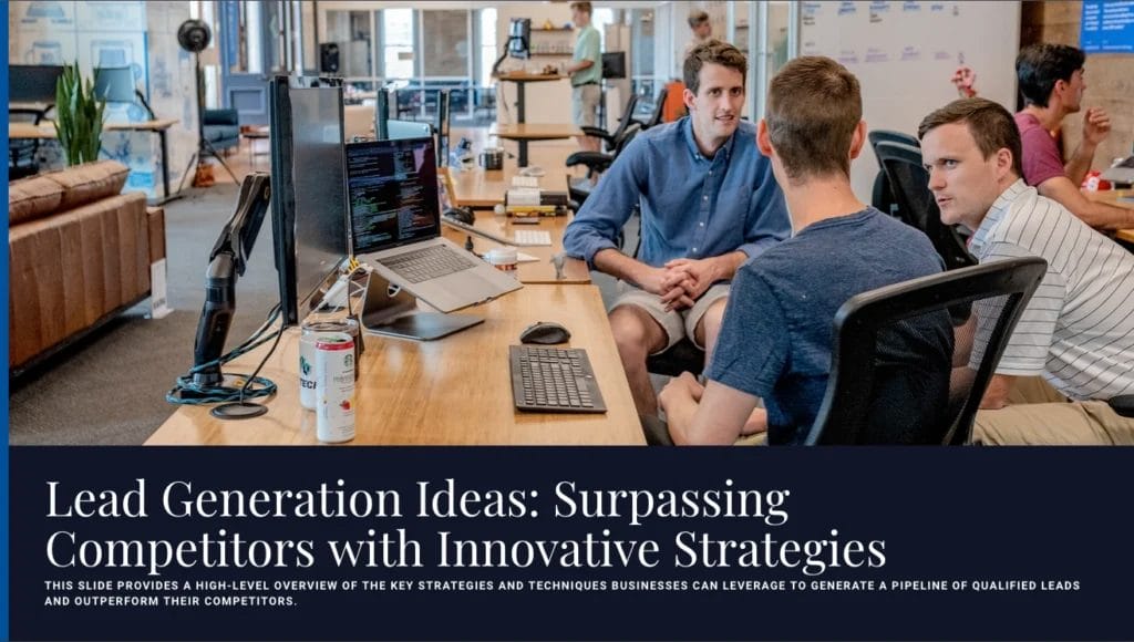 A group of four people having a discussion at an office with computer screens and whiteboards in the background. A slide headlined "Lead Generation Ideas: Surpassing Competitors with Innovative Strategies" sets the stage for their brainstorming session.