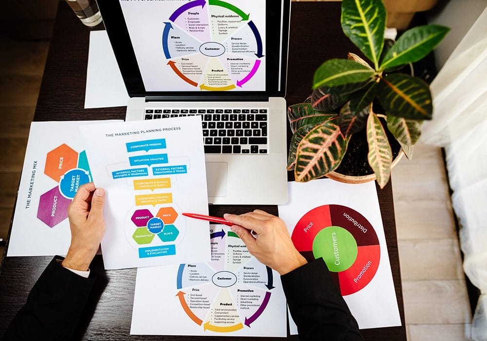 A person reviews customized digital marketing diagrams and charts related to marketing planning on a laptop and printed sheets, with a plant on the desk.