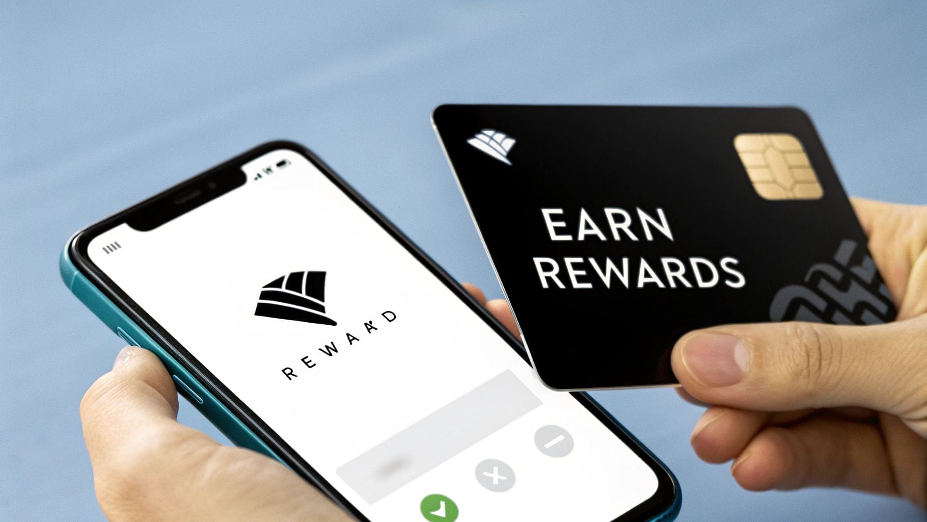 A person holds a smartphone showcasing a rewards app beside a sleek black card labeled "Earn Rewards," illustrating effective customer retention strategies in action.