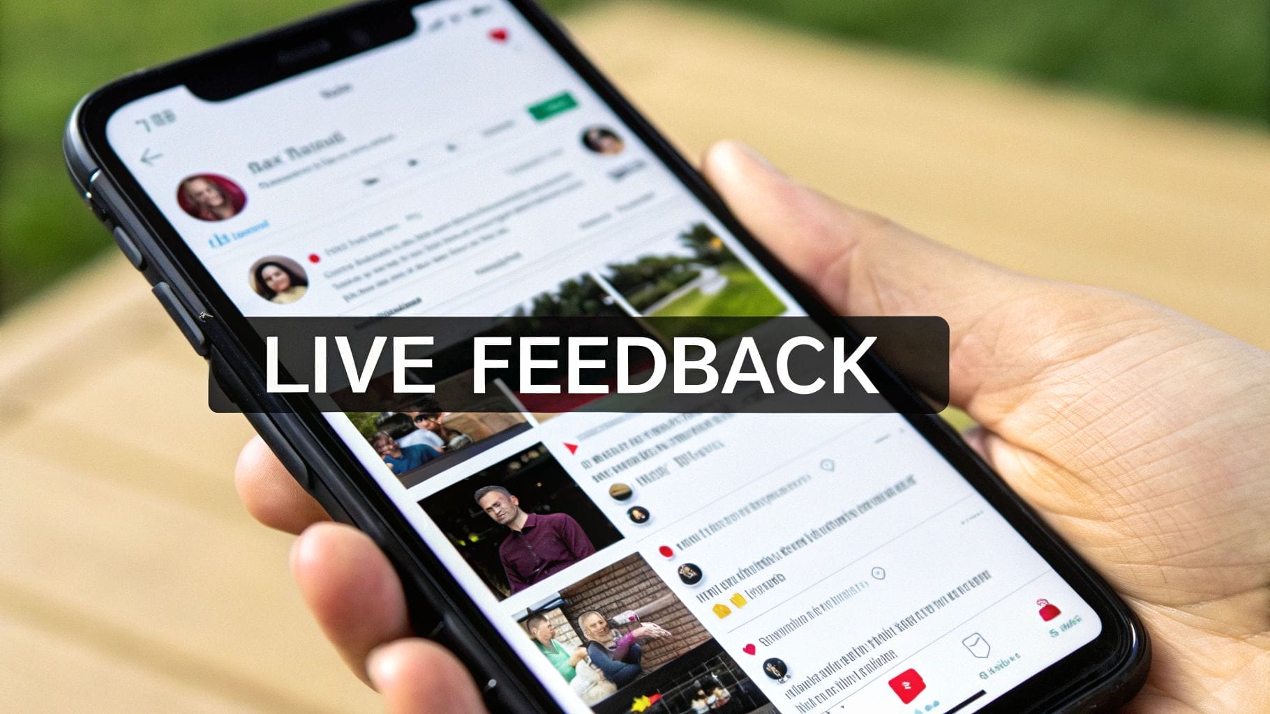 A hand holds a smartphone displaying a vibrant social media page filled with photos, text, and customer testimonial examples. The screen is partially obscured by the bold words "Live Feedback," capturing real-time engagement.
