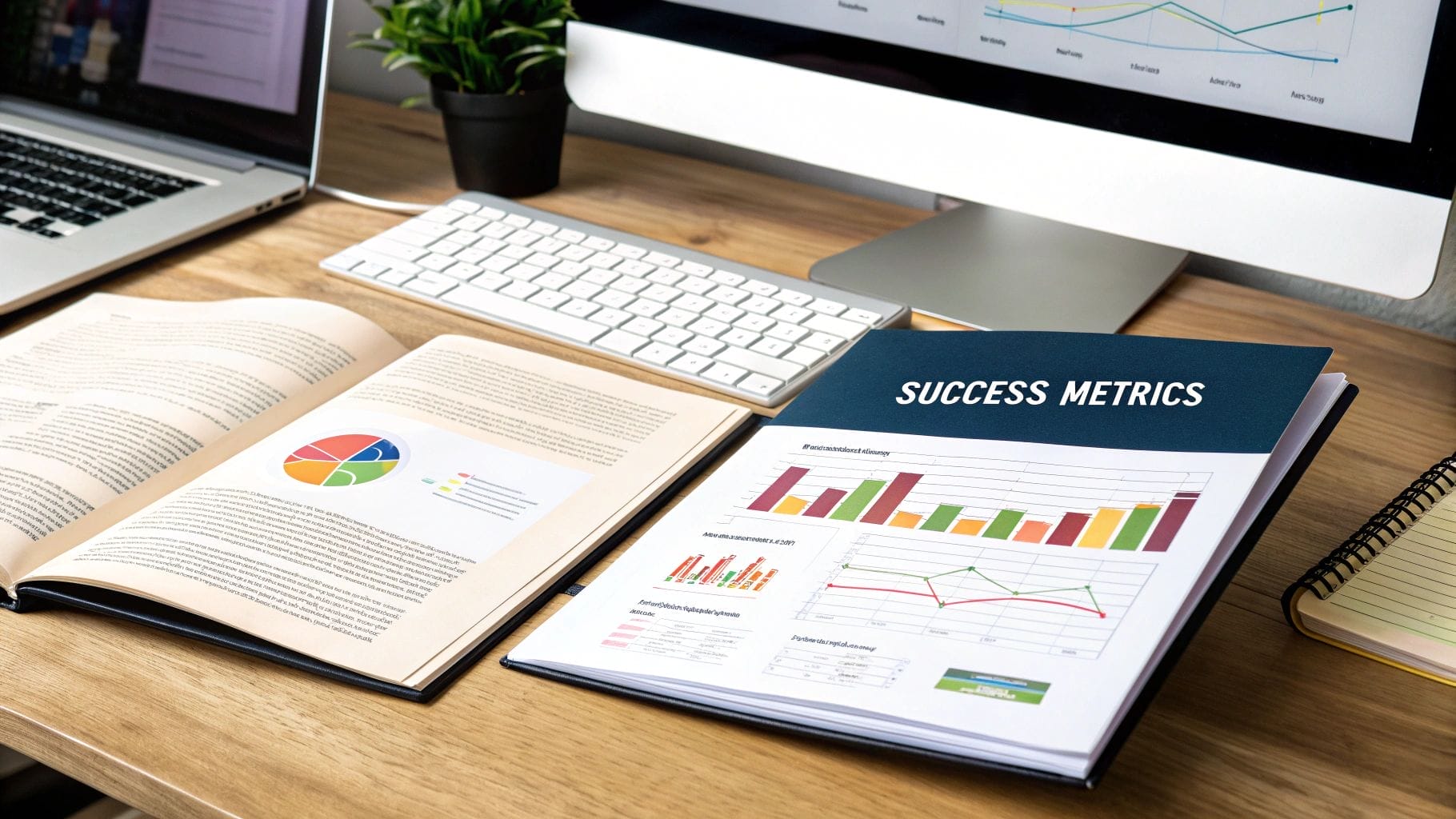 A wooden desk hosts a computer, an open book, and a "Success Metrics" report displaying charts and graphs alongside customer testimonial examples.