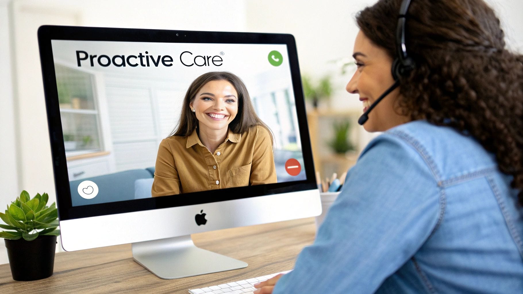 A woman in a headset sits at a desk, engaging in a video call on an iMac. The screen shows another woman smiling with the display "Proactive Care," highlighting customer retention strategies. A small plant adds a touch of greenery to the setting.