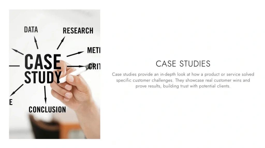 A hand gestures towards a diagram labeled "Case Study," featuring arrows to "Data," "Research," "Criteria," and "Conclusion." Text on the right emphasizes how case studies, like customer testimonial examples, effectively build client trust.