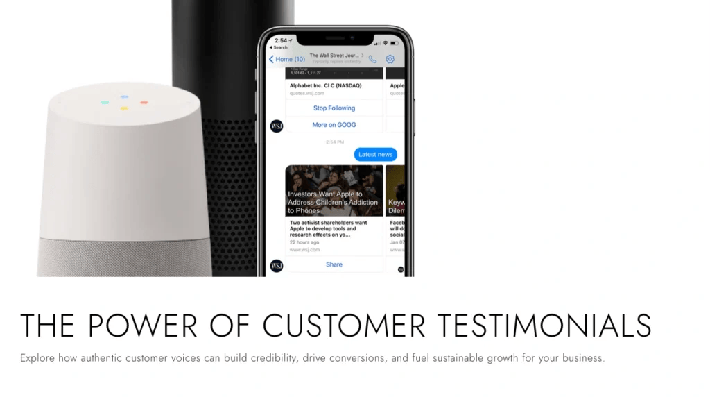 Smart speakers and a smartphone displaying a customer interaction app emphasize the impact of customer testimonial examples in boosting business credibility and fostering growth.