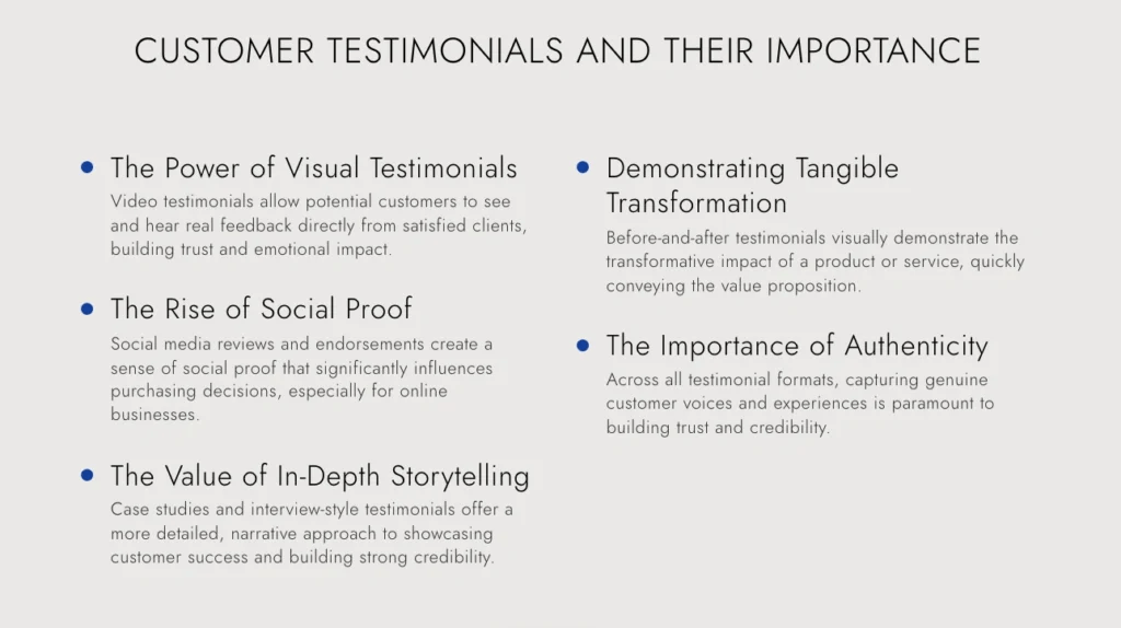 A presentation slide titled "Customer Testimonials and Their Importance" highlights benefits like customer testimonial examples, visual testimonials, social proof, storytelling, tangible transformation, and authenticity.