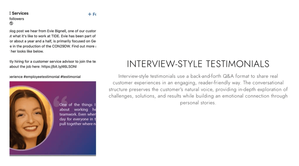 Social media testimonial post showcasing a woman's profile picture alongside an excerpt highlighting her positive customer experience; text to the right features interview-style testimonials, offering compelling customer testimonial examples.