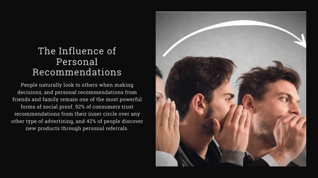 A person whispers in a man's ear, who then shares the secret with another, illustrating the power of personal recommendations and social proof in marketing. The text highlights consumer trust and discovery driven by authentic referrals.