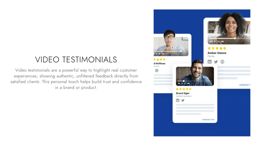 A presentation slide showcasing three video testimonials with star ratings and descriptions, highlighting useful customer testimonial examples that underscore the importance of feedback for trust and confidence in a brand or product.