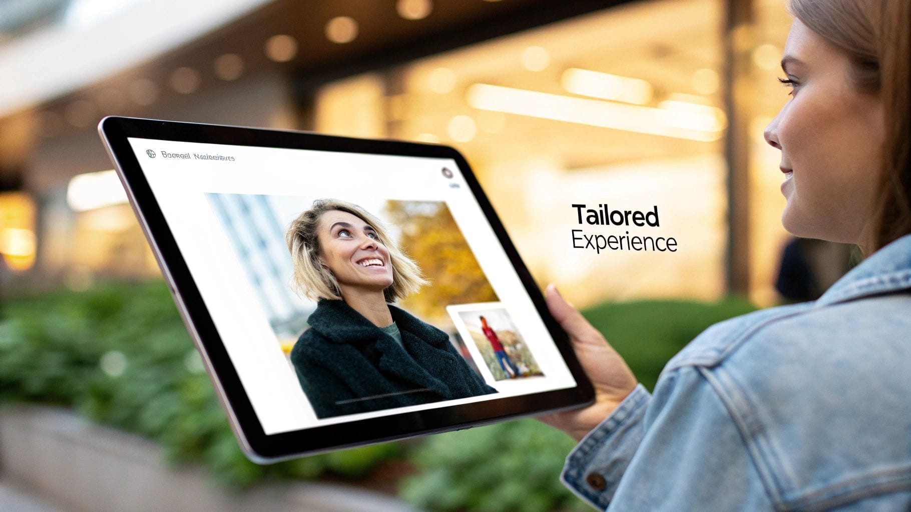 Person holding a large tablet displaying a video call with a smiling woman. The screen shows the words "Tailored Experience," highlighting key customer retention strategies. In the background, lush greenery complements the modern building's sleek design.
