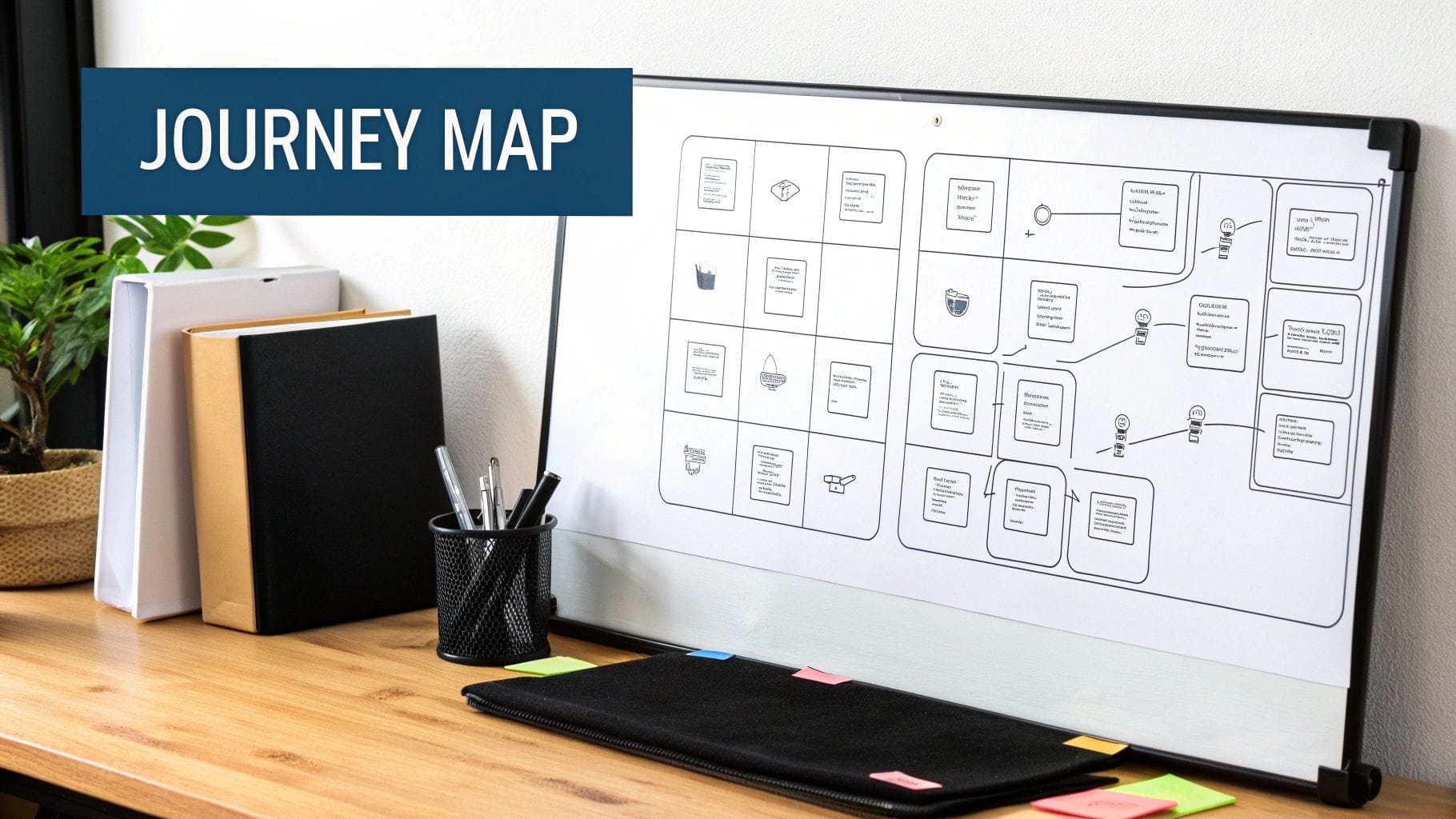 A desk with a whiteboard showcasing a journey map diagram focused on customer experience improvement. Nearby are document folders, a plant, and a pen holder filled with pens.