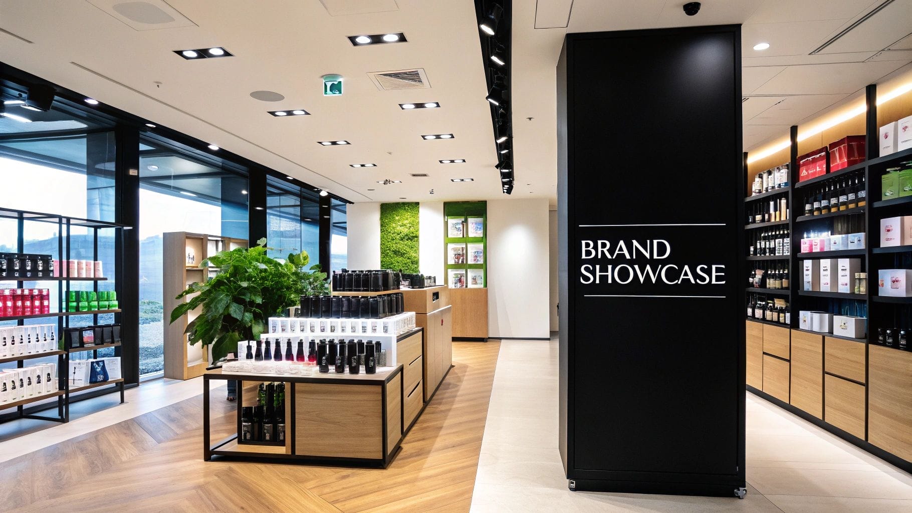 The modern showroom interior boasts shelves lined with products, a black panel displaying "Brand Showcase," and vibrant green plants. Its large windows flood the space with natural light, creating an inviting atmosphere that subtly underscores our commitment to brand reputation management.