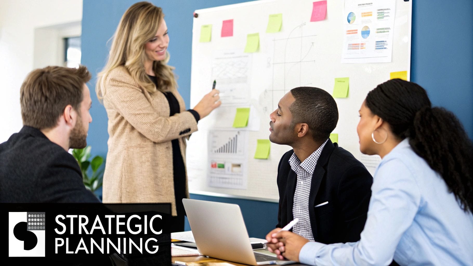 Four people in a meeting room are deep in discussion, focusing on strategic planning with charts and graphs on a whiteboard. Their conversation highlights the importance of brand reputation management as they strategize for future growth.