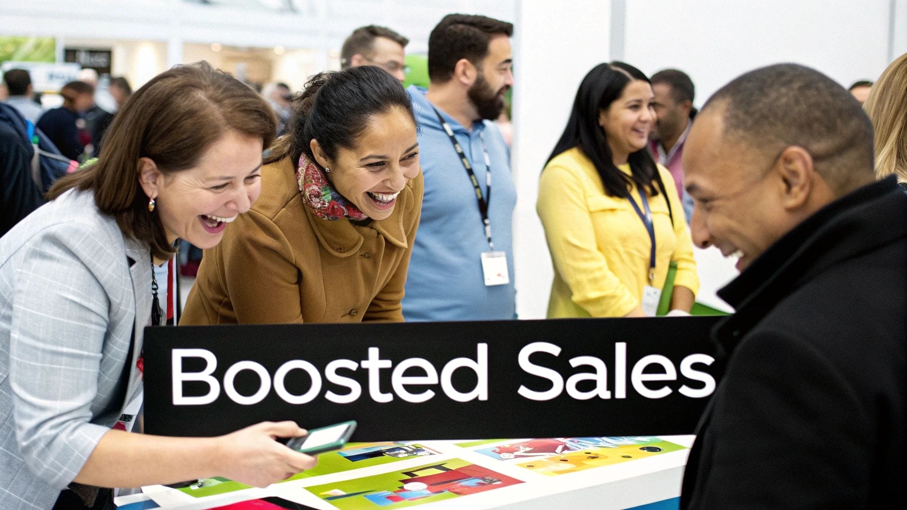 Visitors engaging and smiling at an exhibition booth with a "Boosted Sales" sign, illustrating social proof in marketing.