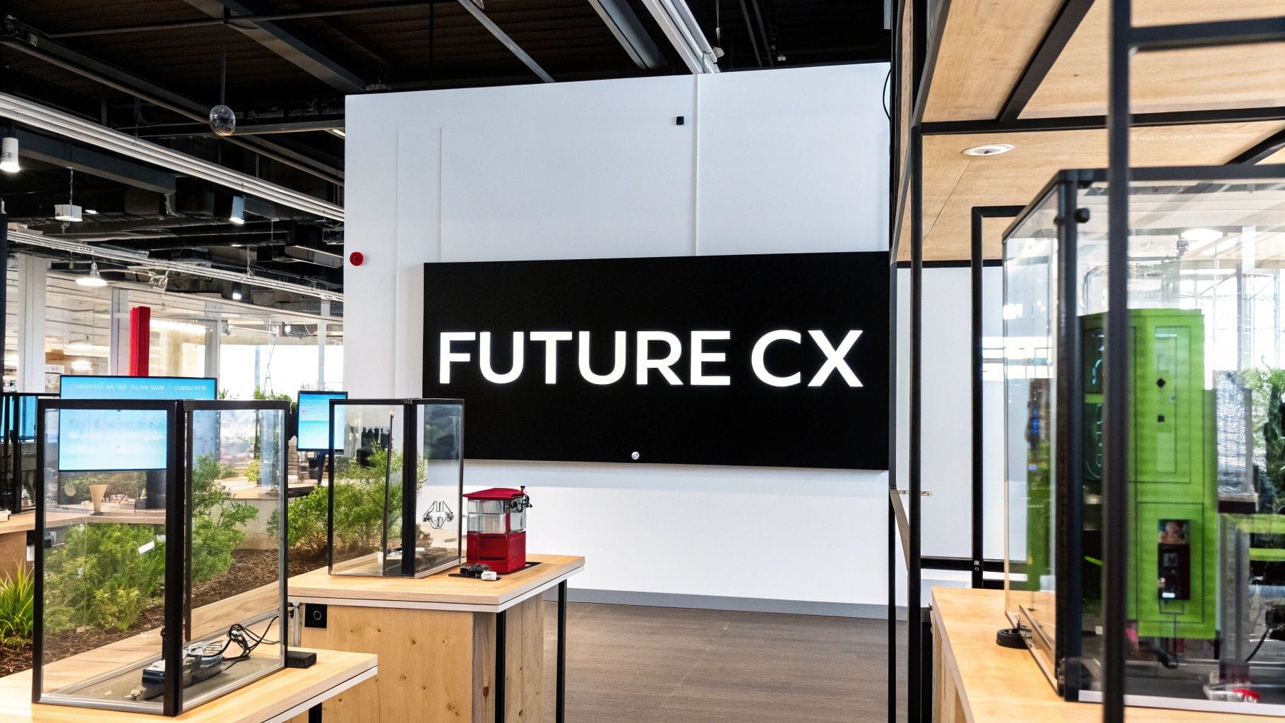 Modern office space showcasing a large "FUTURE CX" sign on the wall, complemented by display cases and lush greenery in the foreground—an environment dedicated to customer experience improvement.