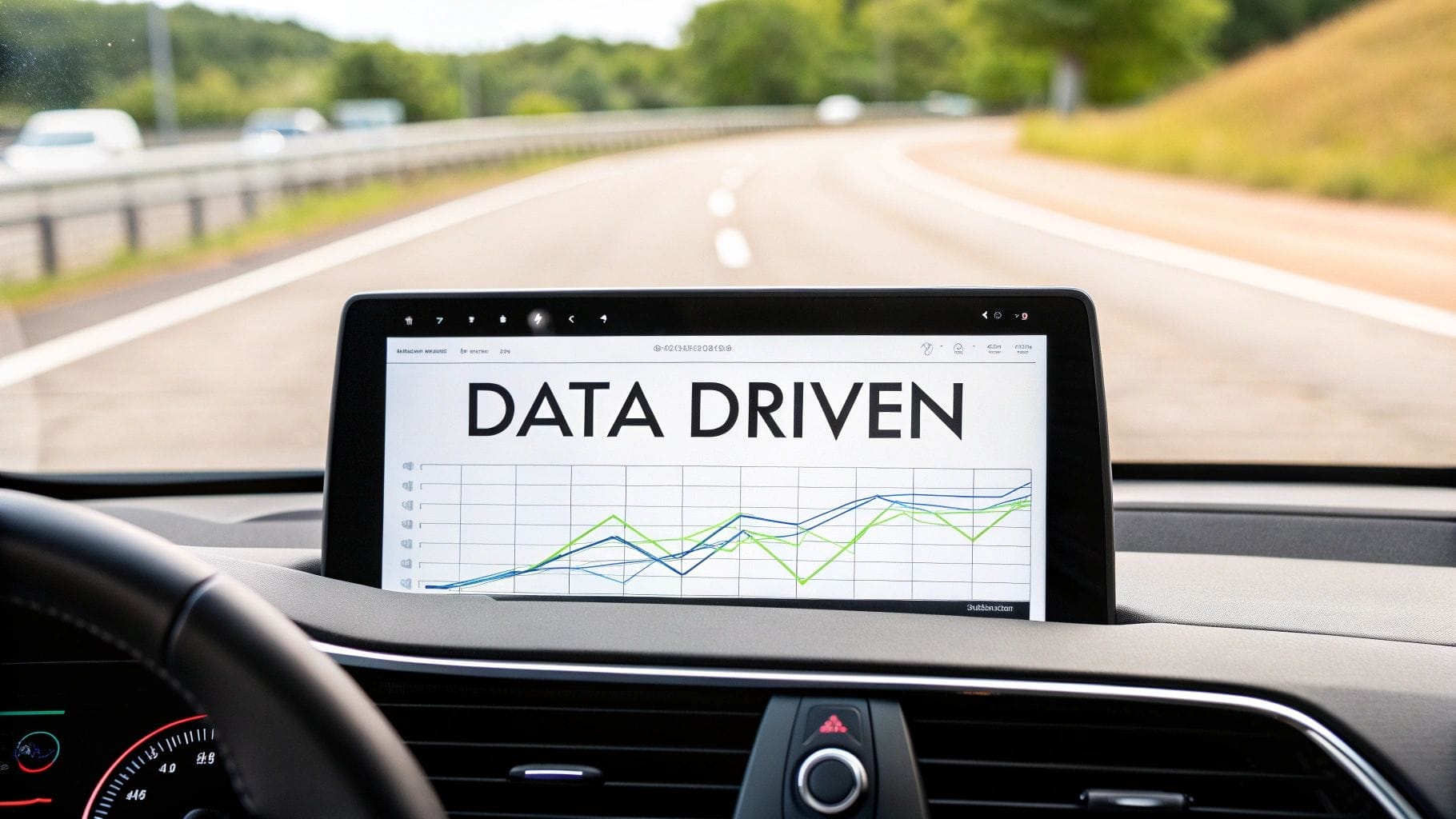 A car dashboard screen displays a graph with the words "Data Driven," emphasizing customer experience improvement as the vehicle cruises down the road.